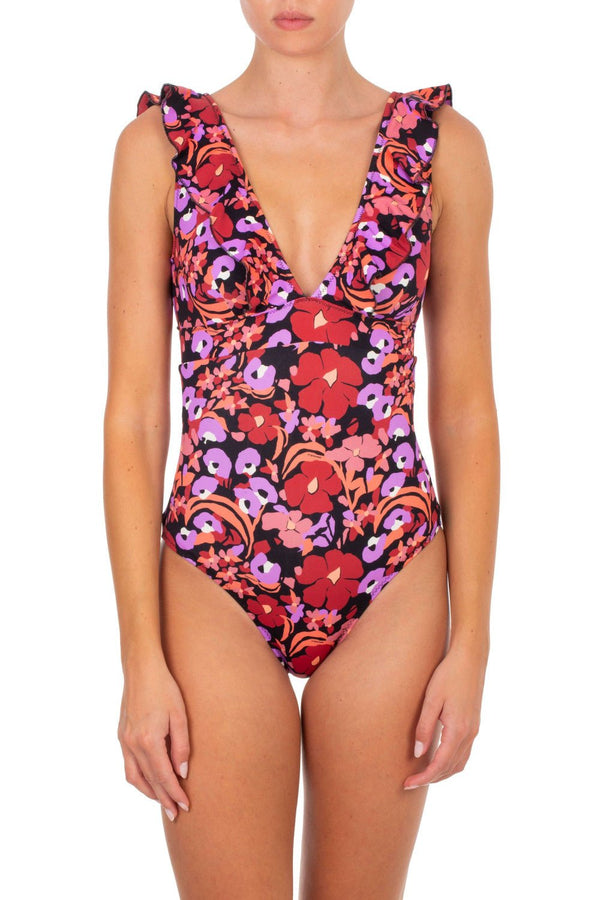 One-Piece Emmanuela Swimwear Rania V Neck Ruffled One-piece Bordeaux/Purple Flowers Apoella