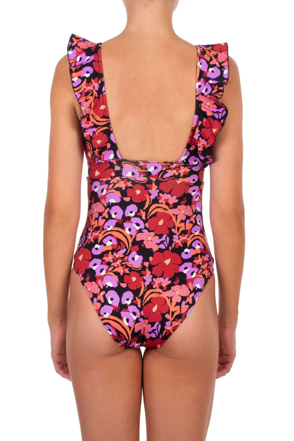 One-Piece Emmanuela Swimwear Rania V Neck Ruffled One-piece Bordeaux/Purple Flowers Apoella