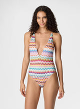 One-Piece Missoni One-piece Swimsuit in Lamé Viscose with Pixel-effect Zigzag Pattern and V-Neckline Apoella