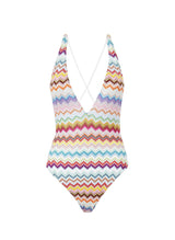 One-Piece Missoni One-piece Swimsuit in Lamé Viscose with Pixel-effect Zigzag Pattern and V-Neckline Apoella