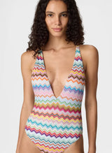 One-Piece Missoni One-piece Swimsuit in Lamé Viscose with Pixel-effect Zigzag Pattern and V-Neckline Apoella