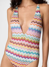 One-Piece Missoni One-piece Swimsuit in Lamé Viscose with Pixel-effect Zigzag Pattern and V-Neckline Apoella