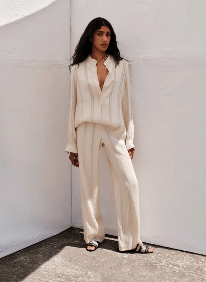 Pants Zeus n Dione Alcestes Textured Silk Wide Leg Pants Ecru Apoella