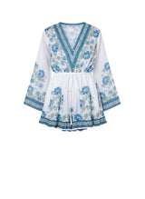 Playsuit Juliet Dunn Flared Sleeve Playsuit Rose Border Print White/Blue/Aqua Apoella