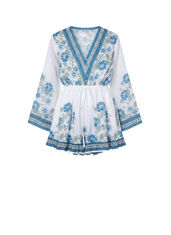 Playsuit Juliet Dunn Flared Sleeve Playsuit Rose Border Print White/Blue/Aqua Apoella