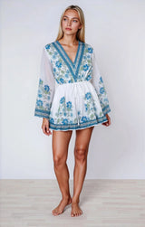 Playsuit Juliet Dunn Flared Sleeve Playsuit Rose Border Print White/Blue/Aqua Apoella