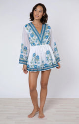 Playsuit Juliet Dunn Flared Sleeve Playsuit Rose Border Print White/blue/aqua Apoella