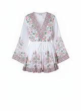 Playsuit Juliet Dunn Flared Sleeve Playsuit Rose Border Print White/Candy/Peach Apoella