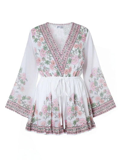 Playsuit Juliet Dunn Flared Sleeve Playsuit Rose Border Print White/Candy/Peach Apoella