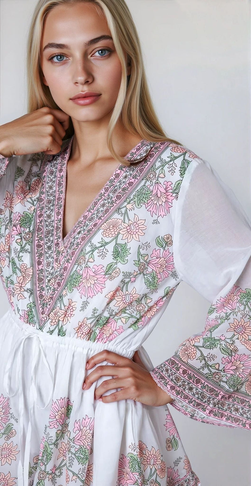 Playsuit Juliet Dunn Flared Sleeve Playsuit Rose Border Print White/Candy/Peach Apoella