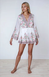 Playsuit Juliet Dunn Flared Sleeve Playsuit Rose Border Print White/Candy/Peach Apoella