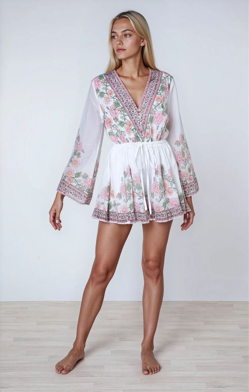 Playsuit Juliet Dunn Flared Sleeve Playsuit Rose Border Print White/Candy/Peach Apoella