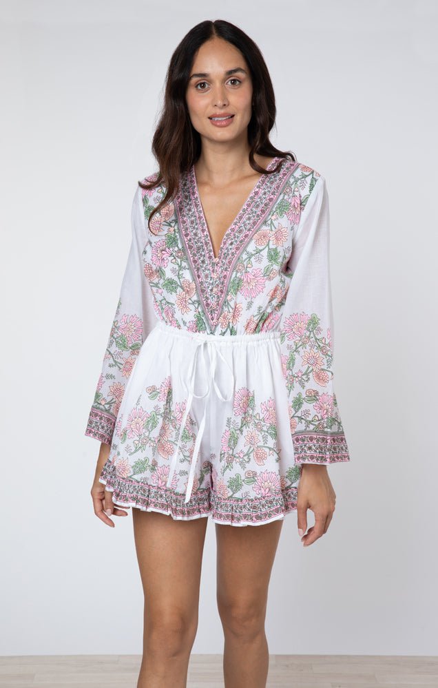 Playsuit Juliet Dunn Flared Sleeve Playsuit Rose Border Print White/candy/peach Apoella