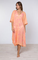 Ponchos Juliet Dunn Midi Poncho Caftan Majorelle Print Peach Pink ONE SIZE / Peach Apoella