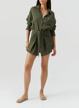 Sara Tie Front Short Shirtdress Olive
