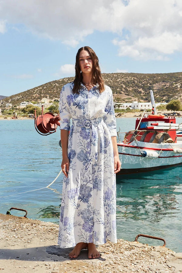 Shirtdress Evi Grintela Valerie Long MS Long Shirtdress Blue/White Corals Apoella