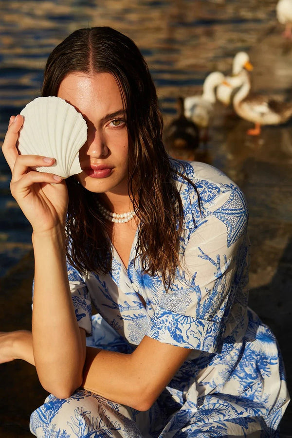 Shirtdress Evi Grintela Valerie Midi SS Shirtdress White/Blue Ocean Apoella