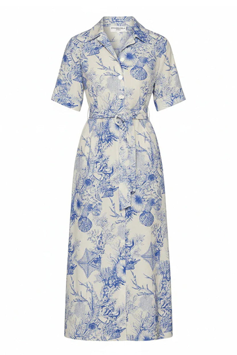 Shirtdress Evi Grintela Valerie Midi SS Shirtdress White/Blue Ocean Apoella