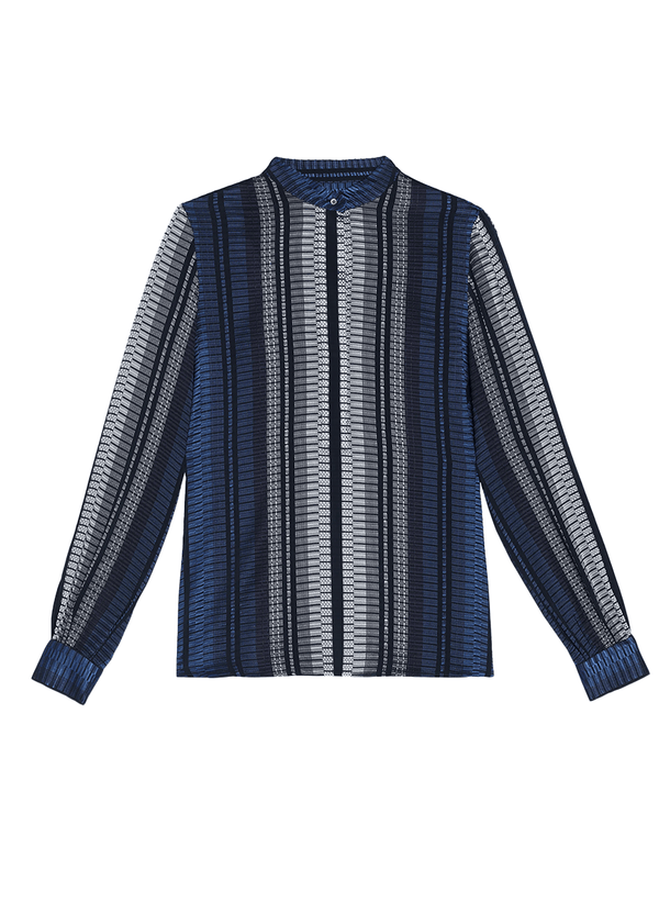 Shirts Zeus n Dione Hera Long Sleeve Textured Silk Shirt Mao Neck Navy Blue Apoella