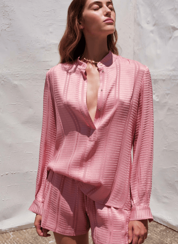 Shirts Zeus n Dione Hera Long Sleeve Textured Silk Shirt Mao Neck Pink Apoella