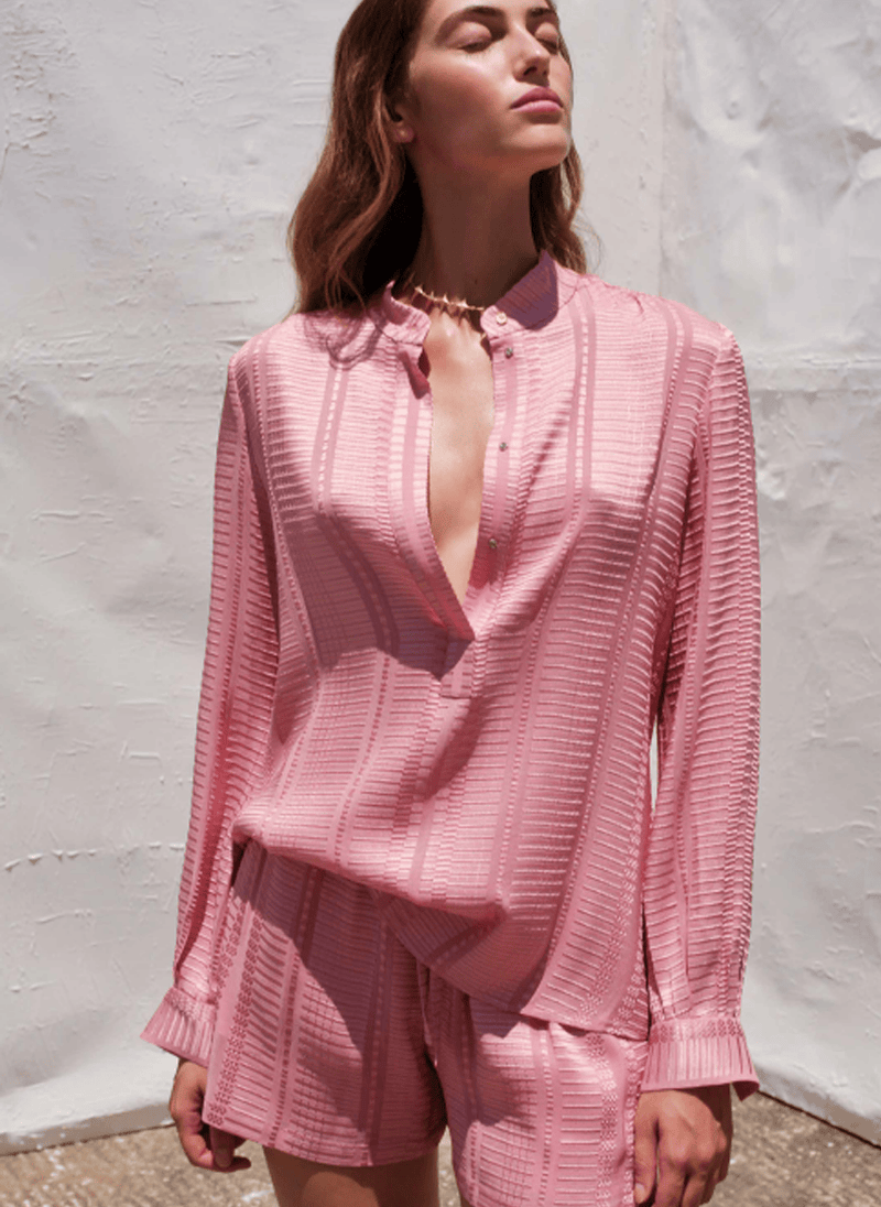 Shirts Zeus n Dione Hera Long Sleeve Textured Silk Shirt Mao Neck Pink Apoella
