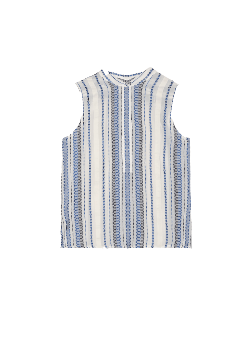 Shirts Zeus n Dione Hera Sleeveless Textured Silk Top Mao Neck Ivory/Navy Apoella