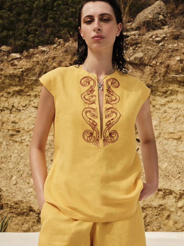 Tops Zeus n Dione Arodo Sleeveless Embroidered Linen Top Yellow Apoella