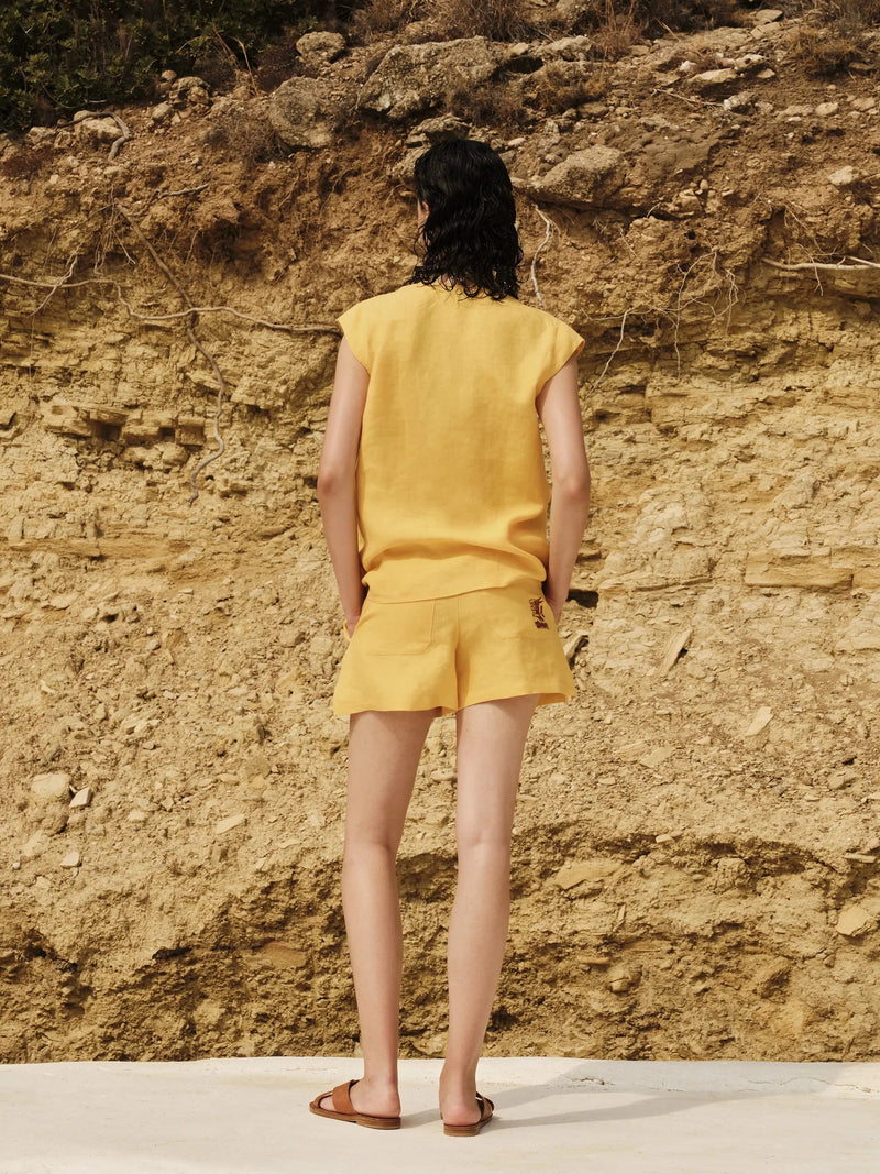 Tops Zeus n Dione Arodo Sleeveless Embroidered Linen Top Yellow Apoella