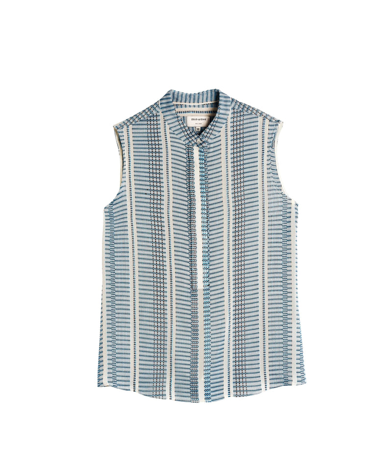Tops Zeus n Dione Hera Sleeveless Textured Silk Top Mao Neck Ivory/Sky Blue Apoella