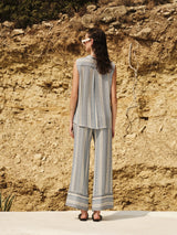 Tops Zeus n Dione Hera Sleeveless Textured Silk Top Mao Neck Ivory/Sky Blue Apoella