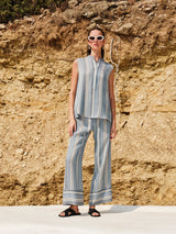 Tops Zeus n Dione Hera Sleeveless Textured Silk Top Mao Neck Ivory/Sky Blue Apoella