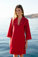 Tunic Ancient Kallos Schinousa Cut Embroidered Tunic Red S / Red Apoella