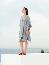 Tunic Zeus n Dione Kavos Lace Up Textured Silk Tunic Ivory/Sky Blue 38 / Ivory Apoella