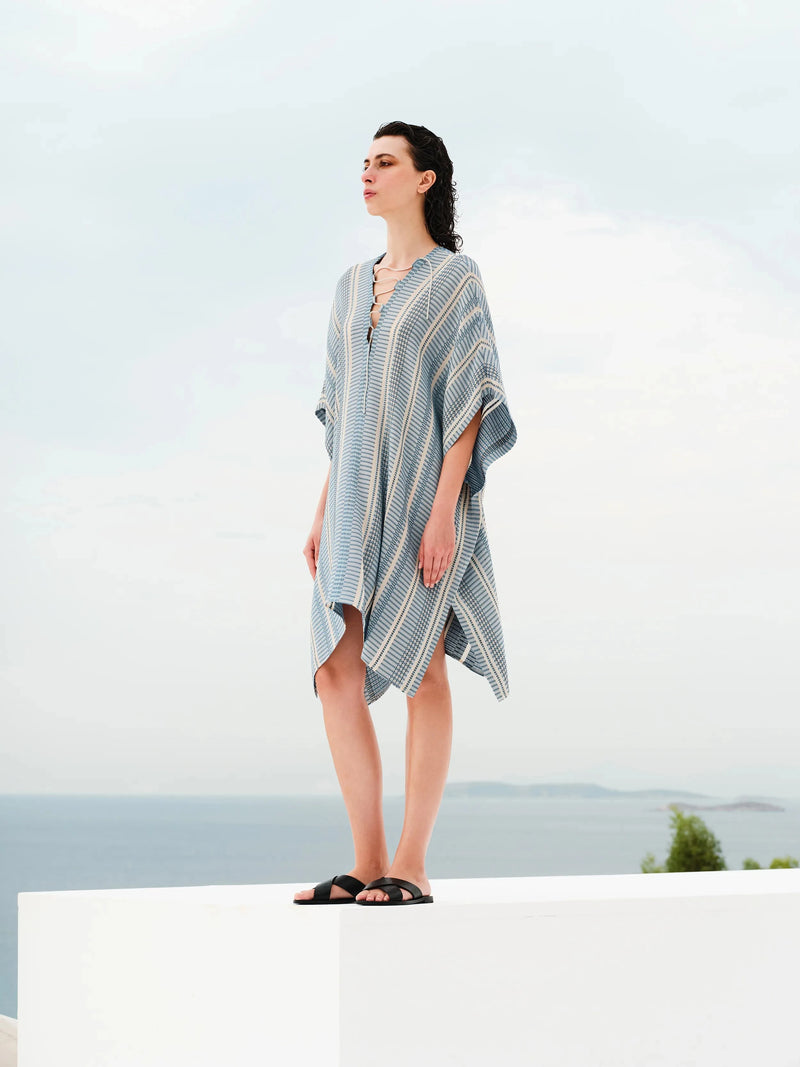 Tunic Zeus n Dione Kavos Lace Up Textured Silk Tunic Ivory/Sky Blue 38 / Ivory Apoella