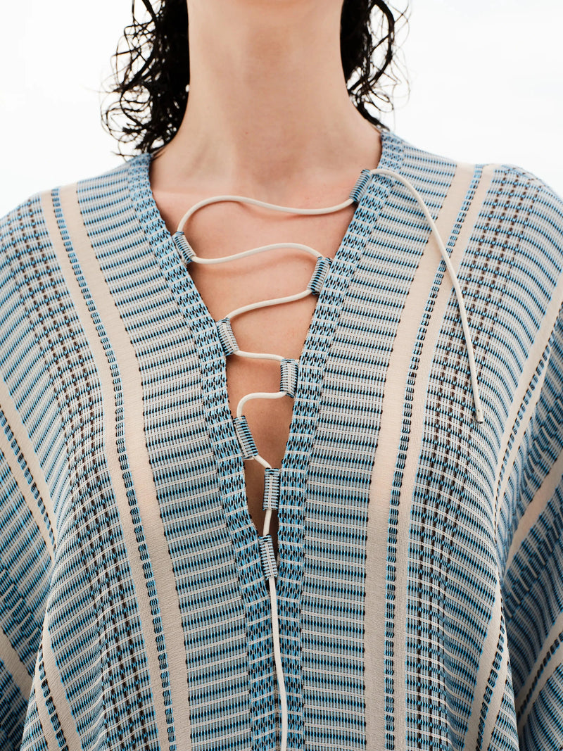Tunic Zeus n Dione Kavos Lace Up Textured Silk Tunic Ivory/Sky Blue 38 / Ivory Apoella