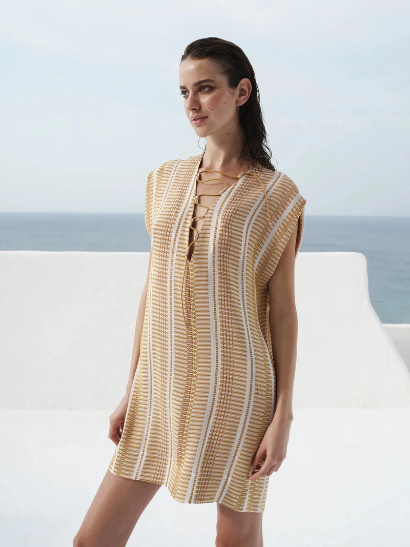 Tunic Zeus n Dione Starboard Lace Up Textured Silk Tunic Ivory/Sun 38 / Ivory Apoella