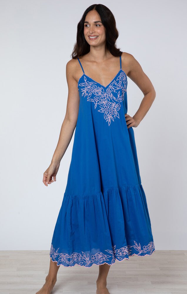 - V-neck Midi Dress W.floral Embroidery Royal Blue/candy 2 / Color Apoella