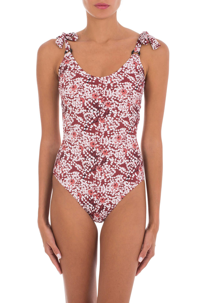 Swimwear Emmanuela Swimwear LENA SHOULDER TIE ONE-PIECE FLOWERS BURGUNDY/MULTI S / Burgundy Multi Apoella